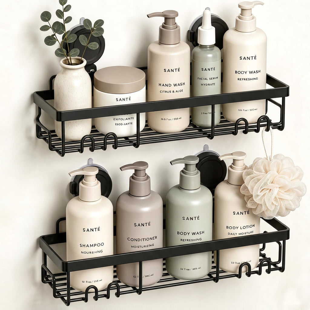 Moforoco Shower Caddy Shelf Organizer Rack, Self Adhesive Black Bathroom Shelves Basket, Home Farmhouse Wall Inside Organization and Storage Decor Rv Accessories, First Camper Apartment Essentials