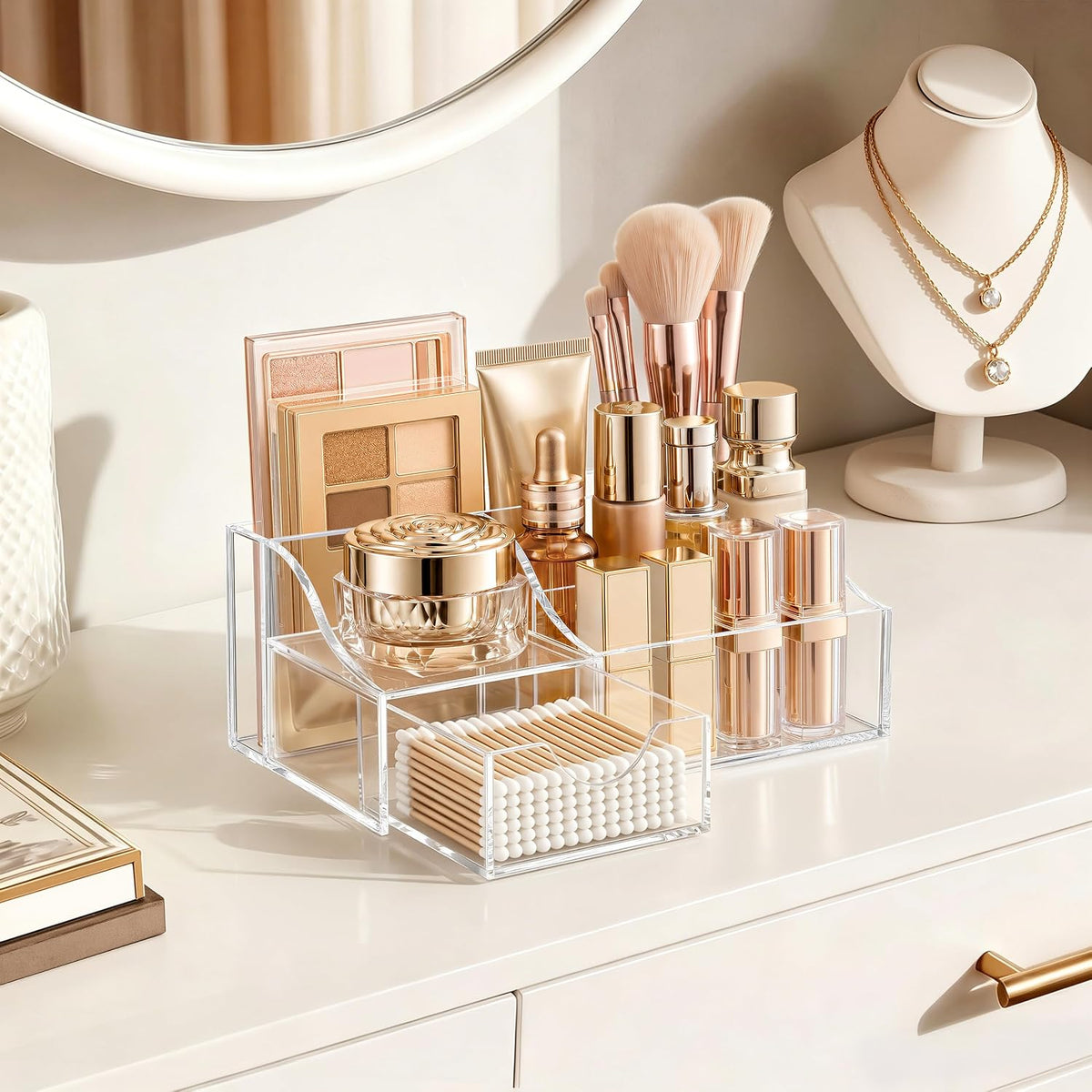 HBlife Makeup Organizer with Drawer – Cosmetic Storage for Vanity, Bathroom Countertop & Dresser, Skincare Organizer with Brush Holder, Beauty Display Case (Clear)