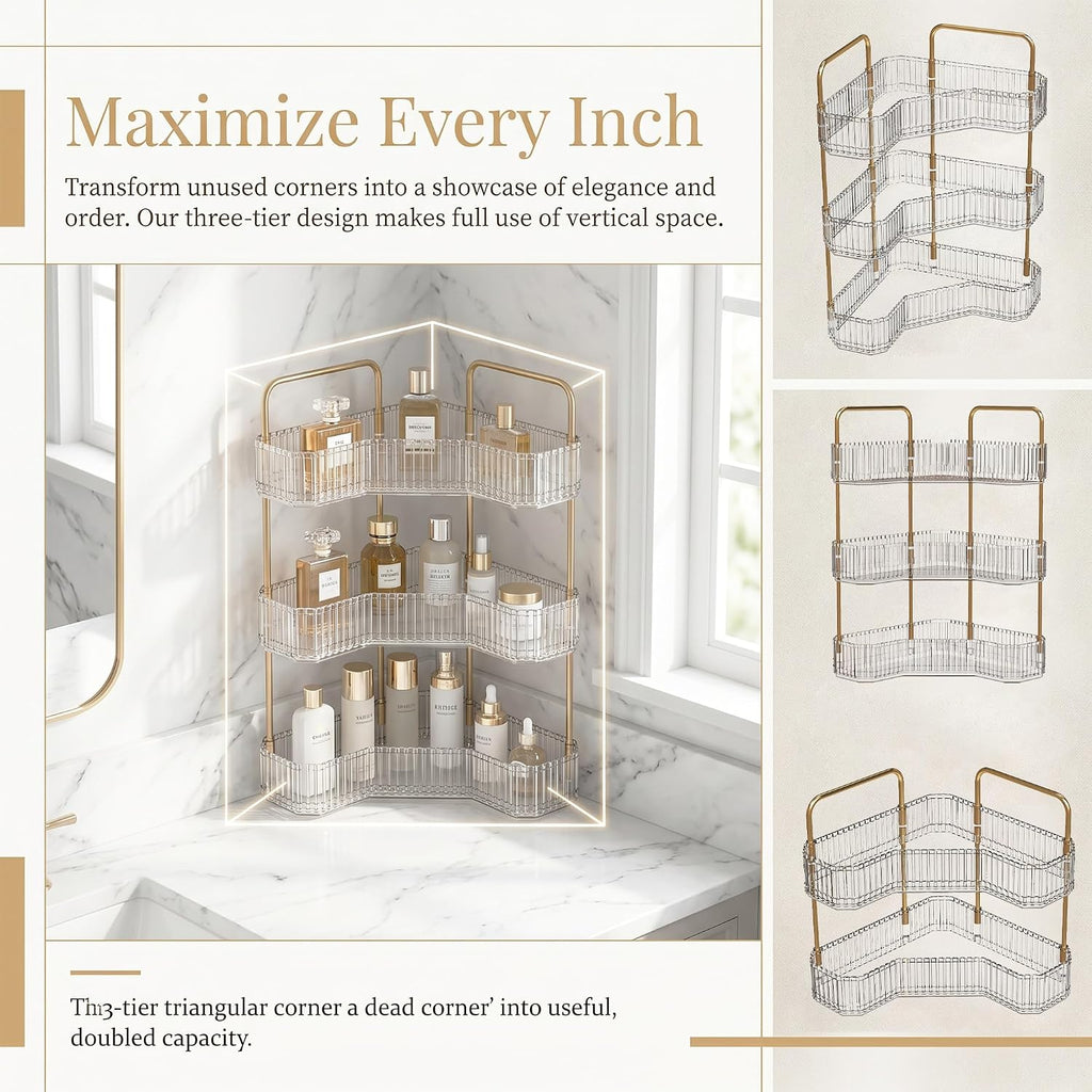 3-Tier Corner Bathroom Organizer, Skincare Vanity Counter Shelf Clear