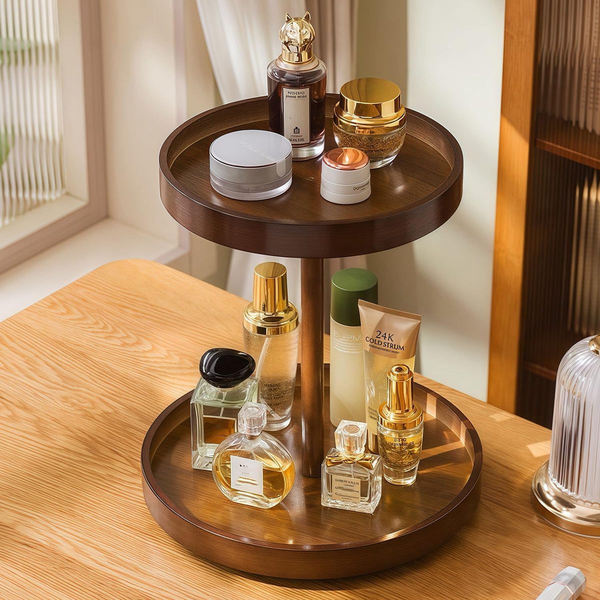 2-Tier Bamboo 360° Rotating Makeup Organizer Vanity Shelf