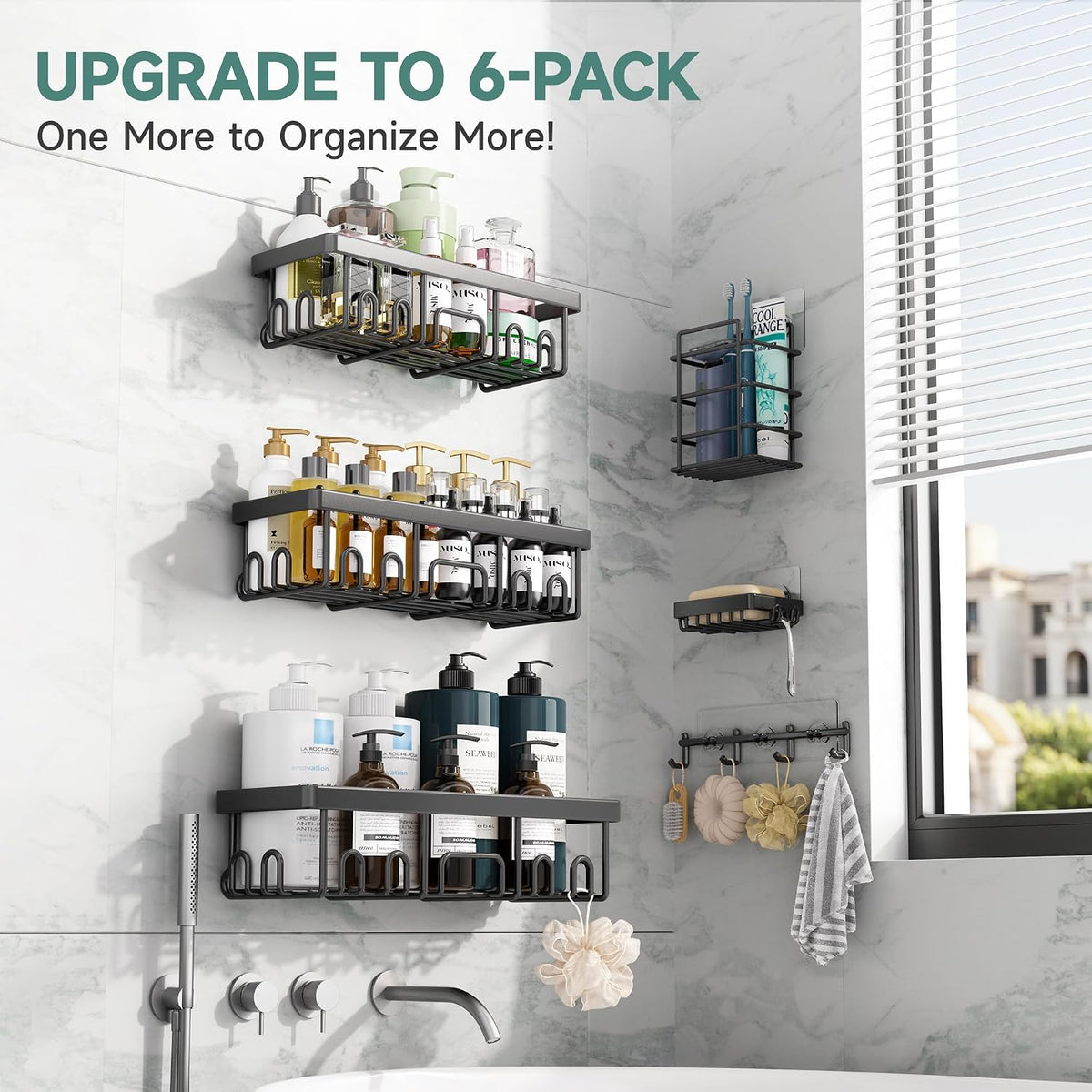 Veken Shower Caddy 6-Pack with Hooks, Bathroom Organizers & Storage, Black
