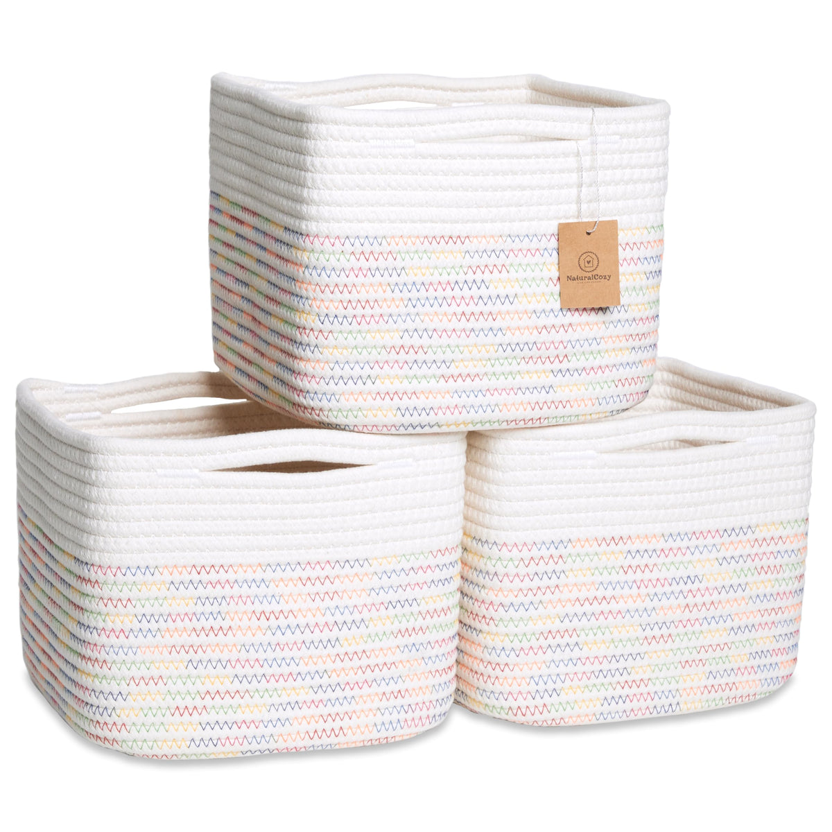 NaturalCozy Storage Cubes 9”x9”x7”Cotton Rope Woven Baskets for Organizing 3-Pack | 9 Inch Cube Storage Bin | Small Basket for Shelf Nursery, Pantry, Decorative Plant, Bathroom Closet, Toy Gift