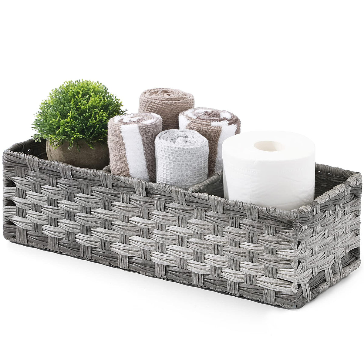 [Larger Compartments] Toilet Tank Topper Paper Basket - Multiuse Hand Woven Plastic Wicker Basket with Divider for Organizing, Rustic Farmhouse Bathroom Decor, Countertop Organizer Storage, Gray Wash