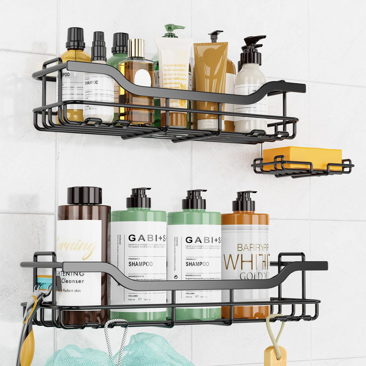 OMAIRA 3-Pack Shower Caddy with Soap Holder, Adhesive Rustproof No-drill Strudy Loading Inside Shower Organizer Shelves Rack Storage Bathroom Organization for Smooth Wall Glass Tile, Black (X-Large)