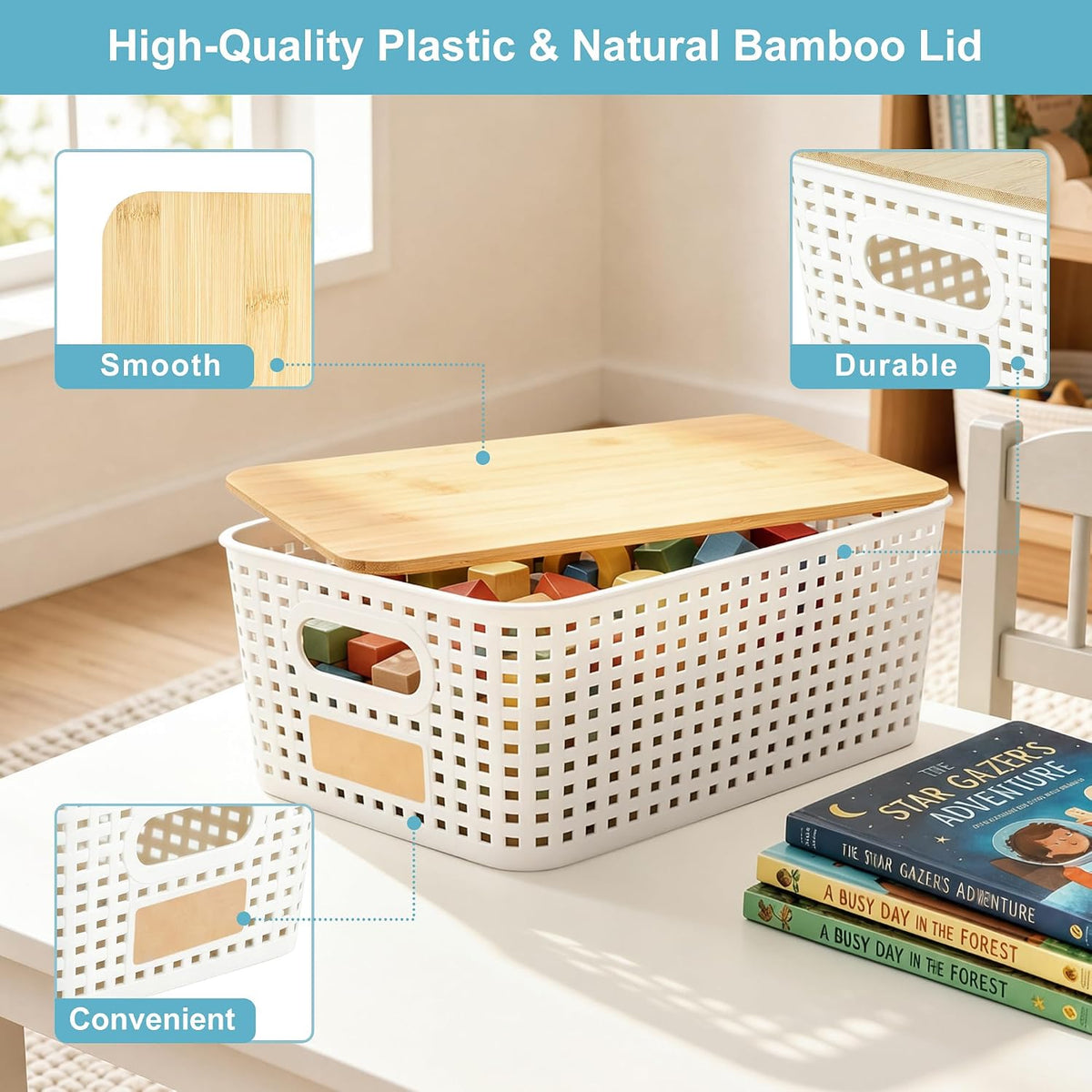 Bagnizer Small Plastic Storage Bins with Bamboo Lids 5.2qt Stackable Box Basket Pantry Decorative Containers Cute with Labels for Organizing Desktop Closet Office Cream White of 6 packs 10*7.2*4.1"