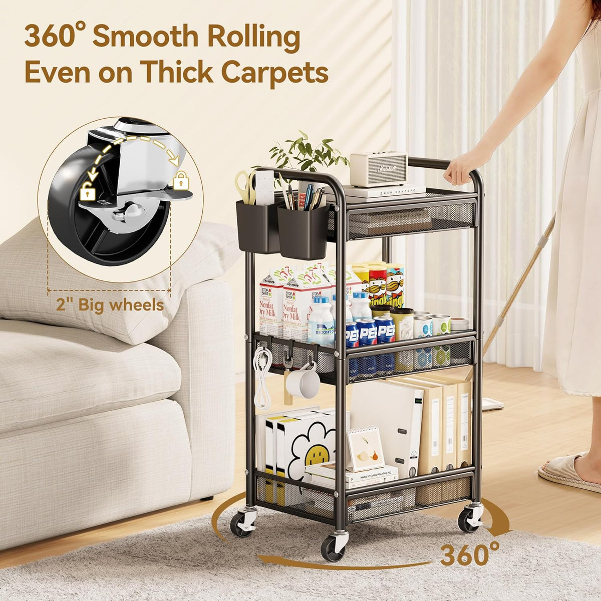 YASONIC 3 Tier Metal Rolling Cart, Black Utility Storage Cart with Wheels