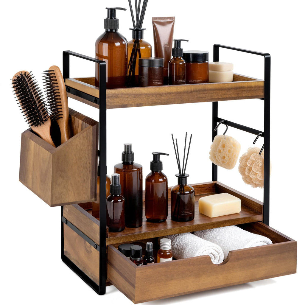 2-Tier Bathroom Counter Organizer, Wooden Vanity Shelf with Drawer & Basket