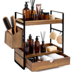 2-Tier Bathroom Counter Organizer, Wooden Vanity Shelf with Drawer & Basket