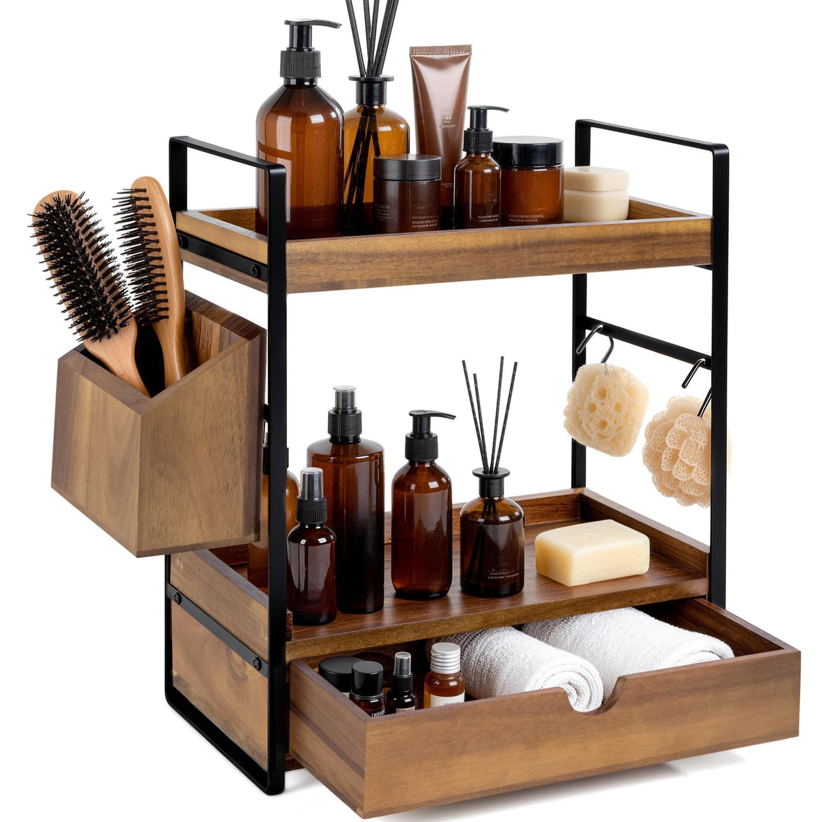 2-Tier Bathroom Counter Organizer, Wooden Vanity Shelf with Drawer & Basket