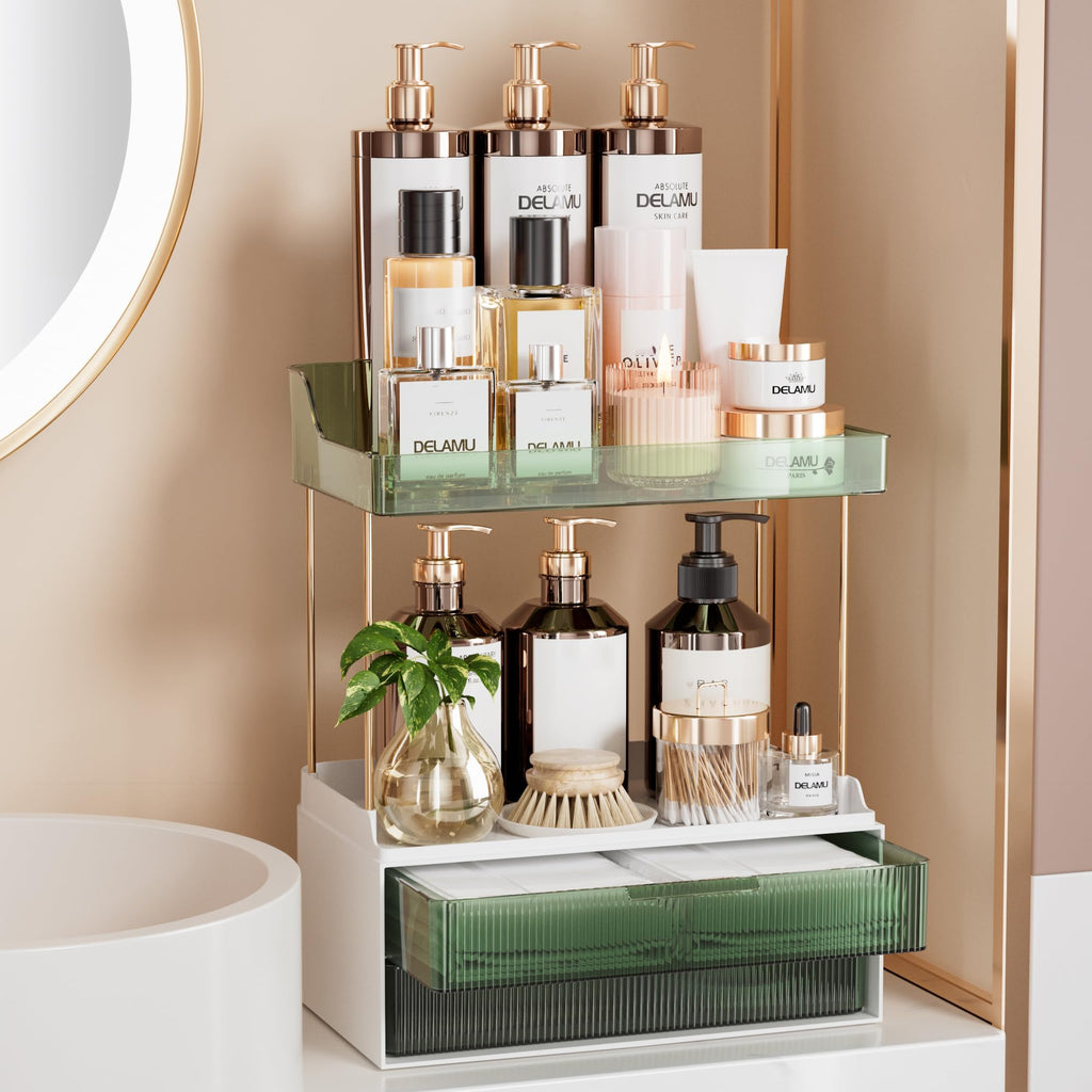 Delamu 4-Tier Makeup Organizer, Bathroom Counter Storage, 2 Drawers, Amber