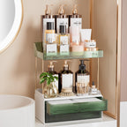Delamu 4-Tier Makeup Organizer, Bathroom Counter Storage, 2 Drawers, Amber