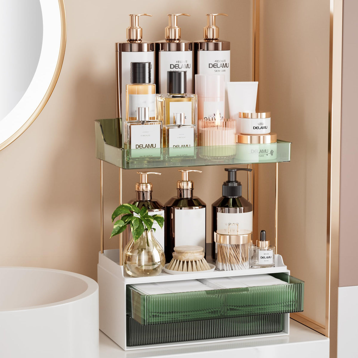 Delamu 4-Tier Makeup Organizer, Bathroom Counter Storage, 2 Drawers, Amber