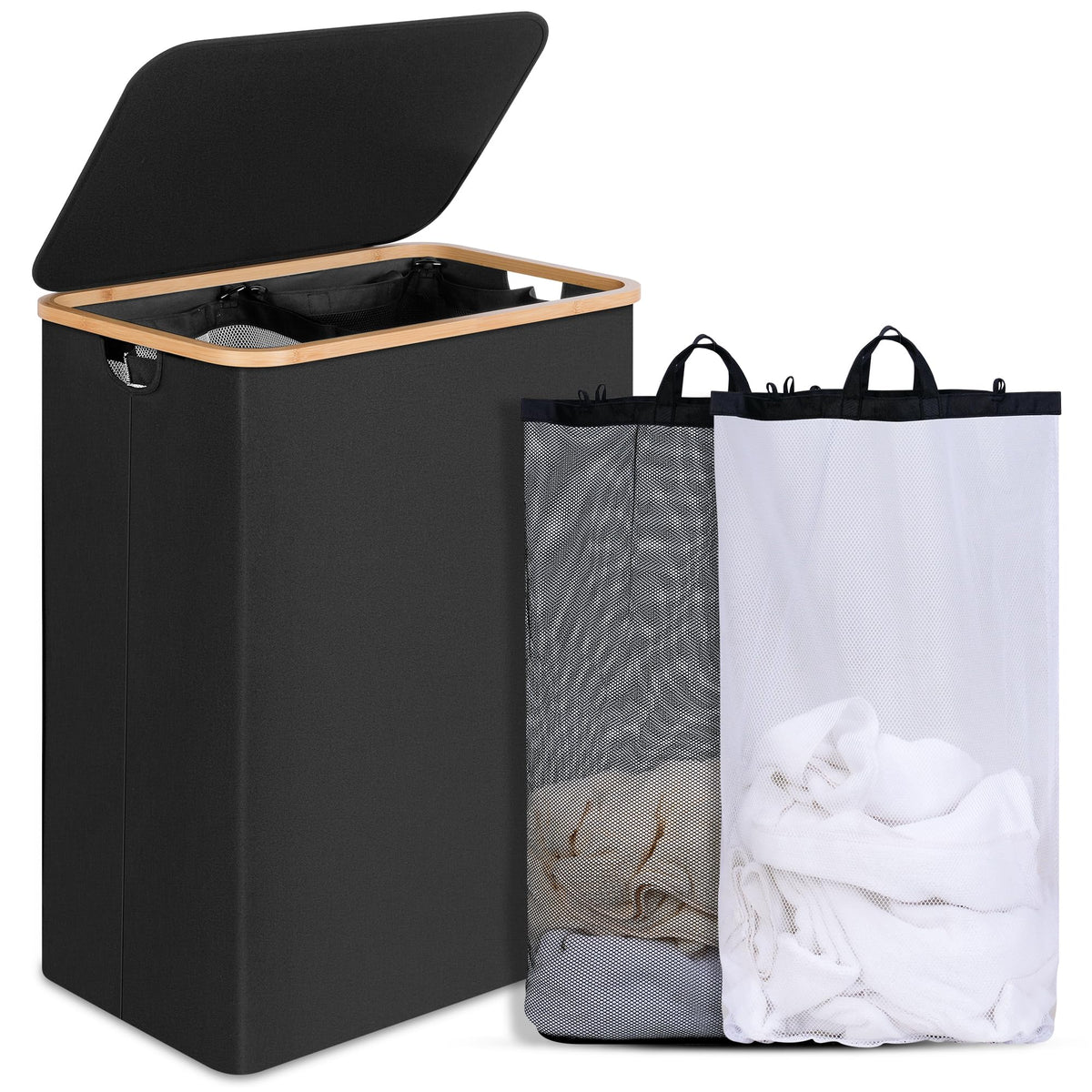 efluky Slim Laundry Basket with Lid, Narrow Laundry Hamper with Removable Bag, Skinny Dirty Clothes Basket with Bamboo Handles for Bathroom, Bedroom & Laundry Room, 75L Beige