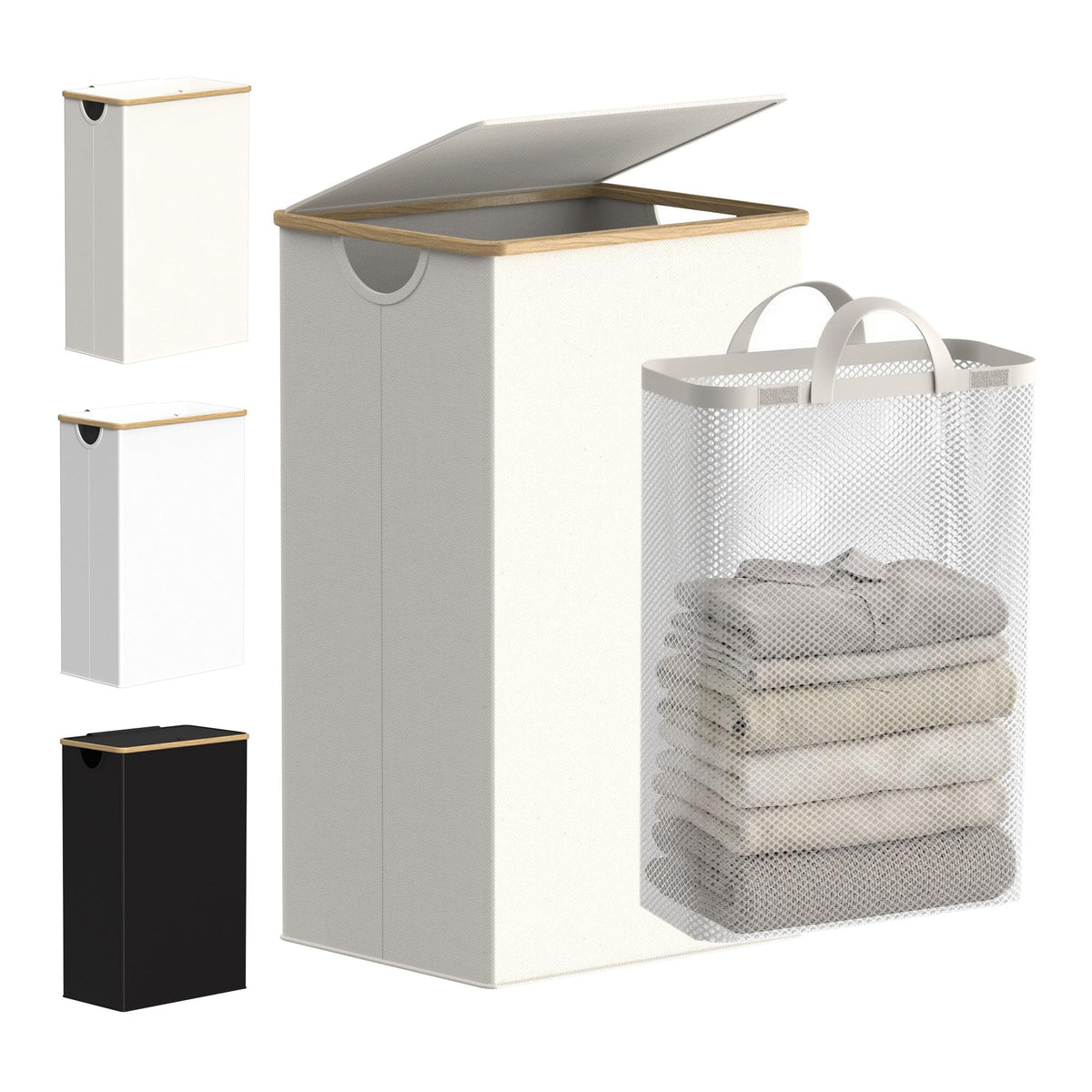 efluky Slim Laundry Basket with Lid, Narrow Laundry Hamper with Removable Bag, Skinny Dirty Clothes Basket with Bamboo Handles for Bathroom, Bedroom & Laundry Room, 75L Beige