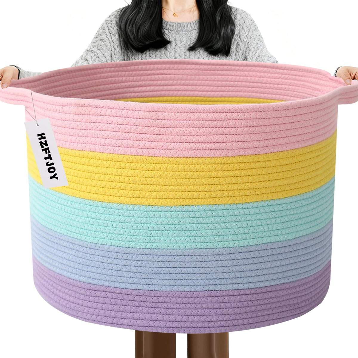 Large Woven Blanket Basket,65L Cotton Rope Laundry Basket