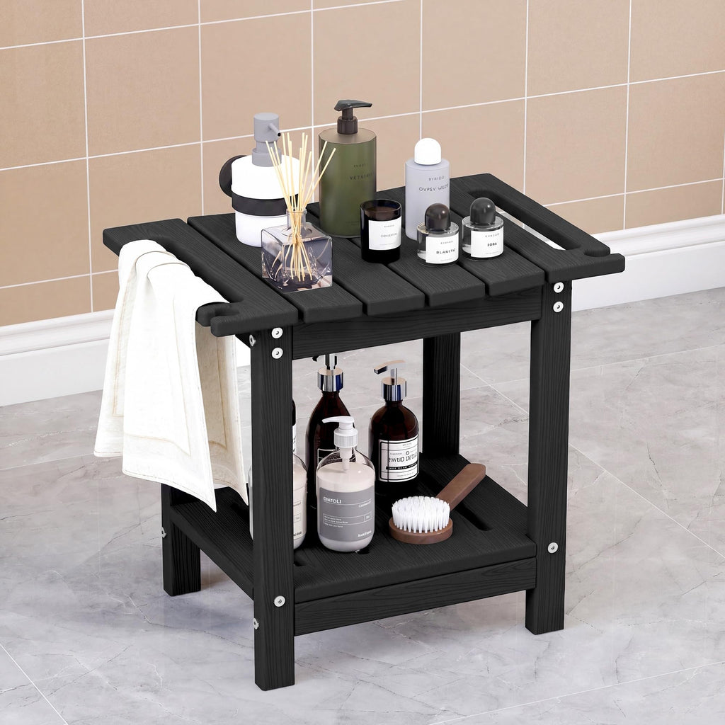 Plawdlik Shower Stool with Shelf, HDPE Weather‑Resistant Shower Bench