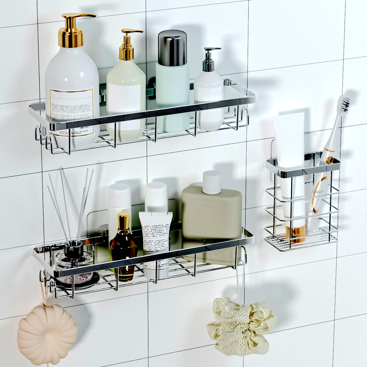 Shower Caddy Organizer with Hooks,Self Adhesive Bathroom Shelves,No Drilling Bathroom Organizers and Storage,Perfect for RV, Apartment, Home Decor,White 4PCS