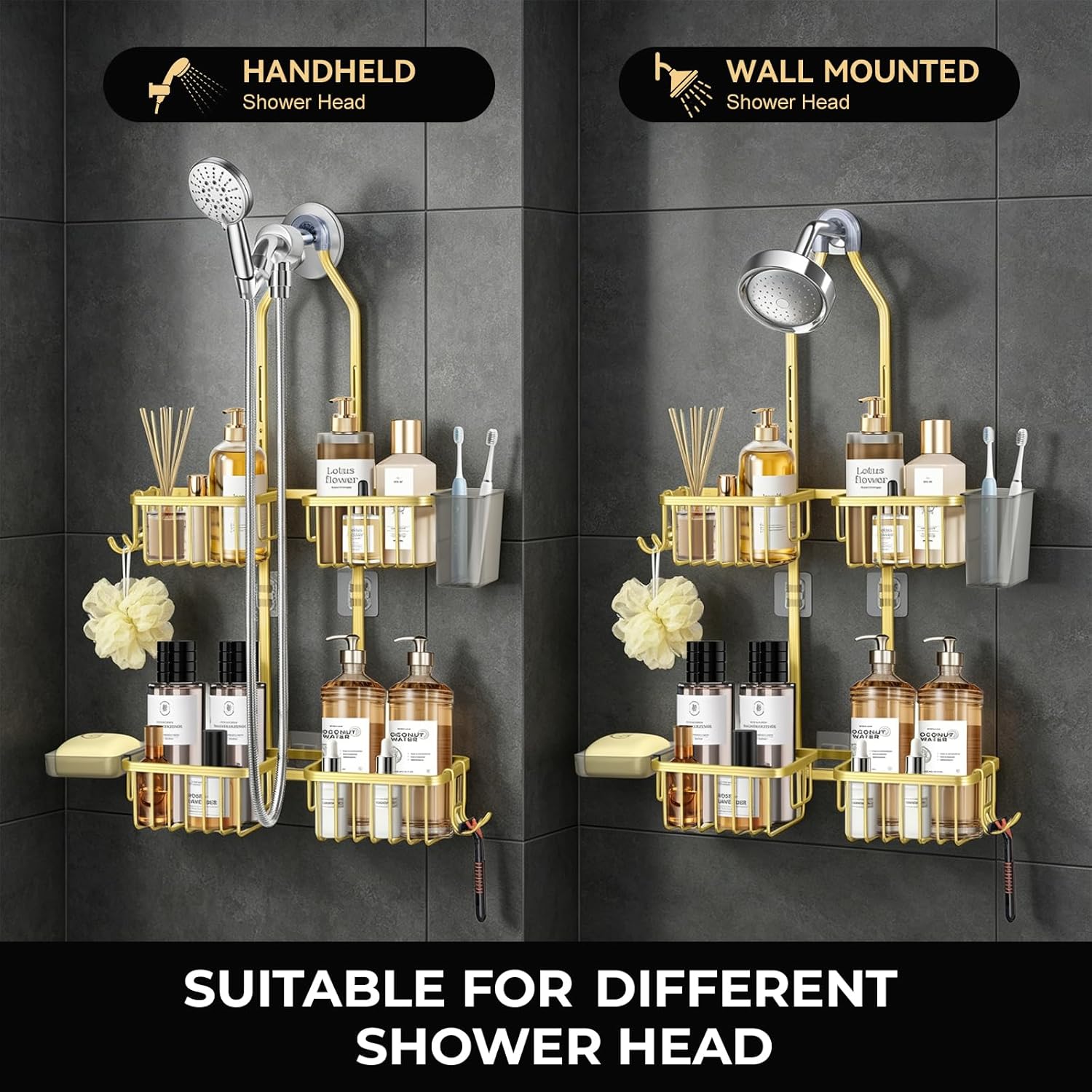 Adjustable Hanging Shower Caddy for Handheld Showerhead, Rustproof Aluminum Over Shower Head Organizer, Renter-Friendly No-Swing Storage for Tall Bottles & Soap, 2-Tier, Gold