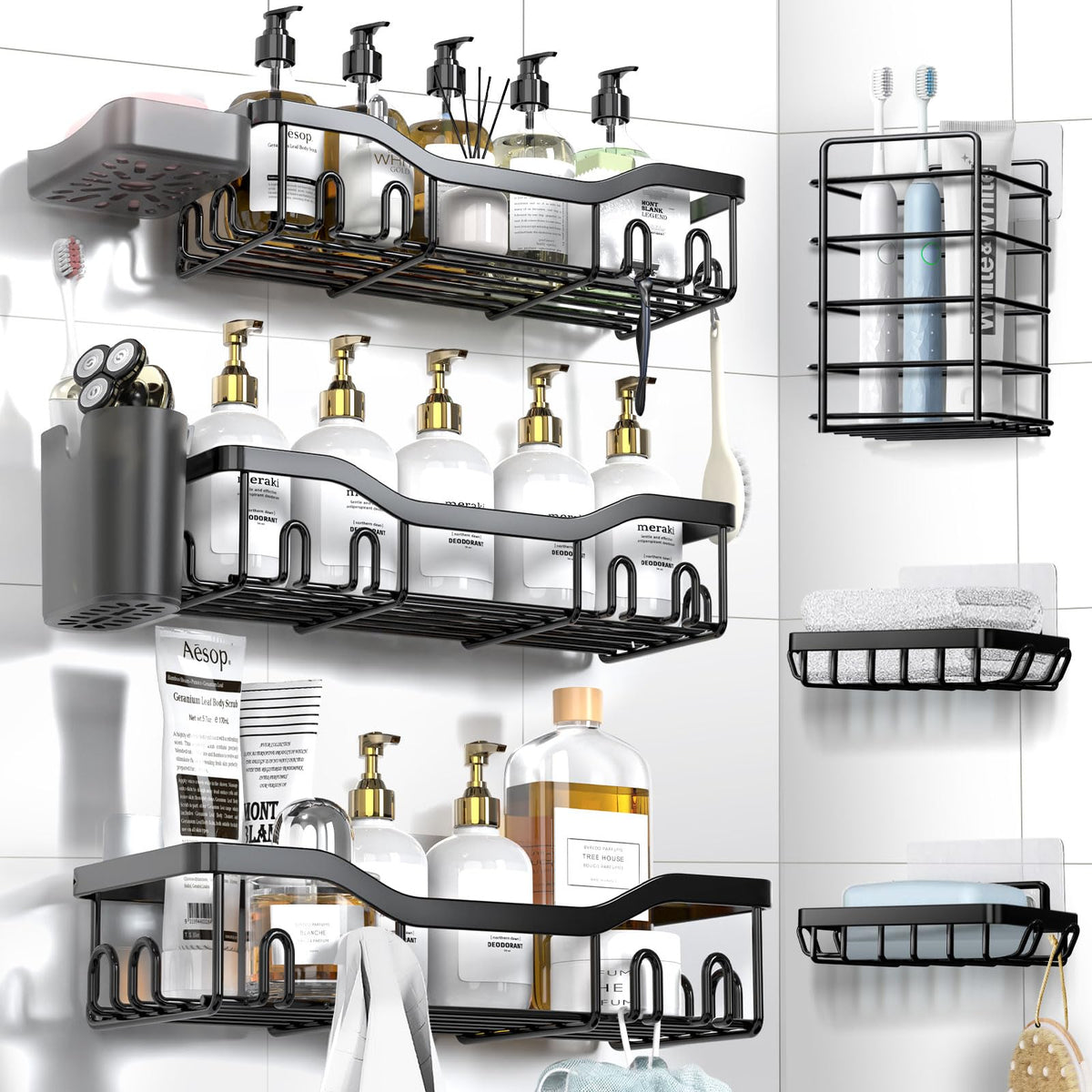 NESOMI 7-Pack Shower Caddy Adhesive,Stainless Steel Shower Organizer Shelf