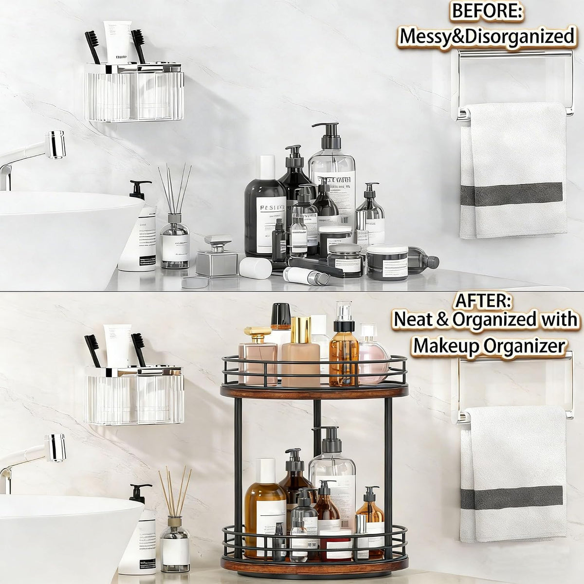 2-Tier Rotating Bathroom Countertop Organizer, Wooden Makeup Vanity Storage, Multifunctional Lazy Susan Turntable for Skincare, Perfume and Cosmetics (Brown)