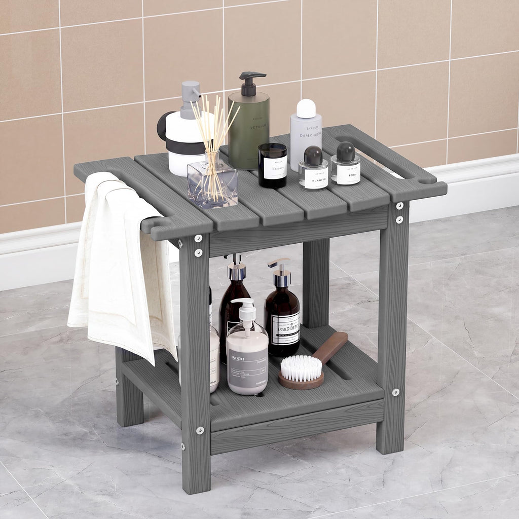 Plawdlik Shower Stool with Shelf, HDPE Weather‑Resistant Shower Bench