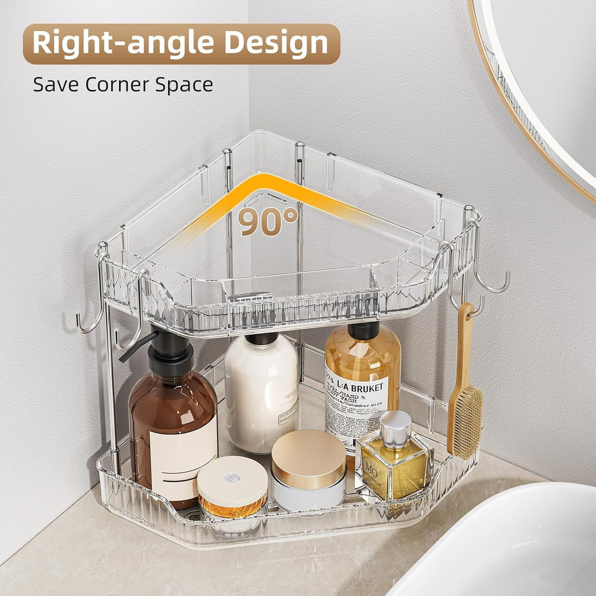 VITVITI 2 Tier Corner Bathroom Counter Organizer, Bathroom Countertop Organizer Storage for Sink, Plastic Makeup Organizer for Vanity Countertop Kitchen with Hooks, Clear