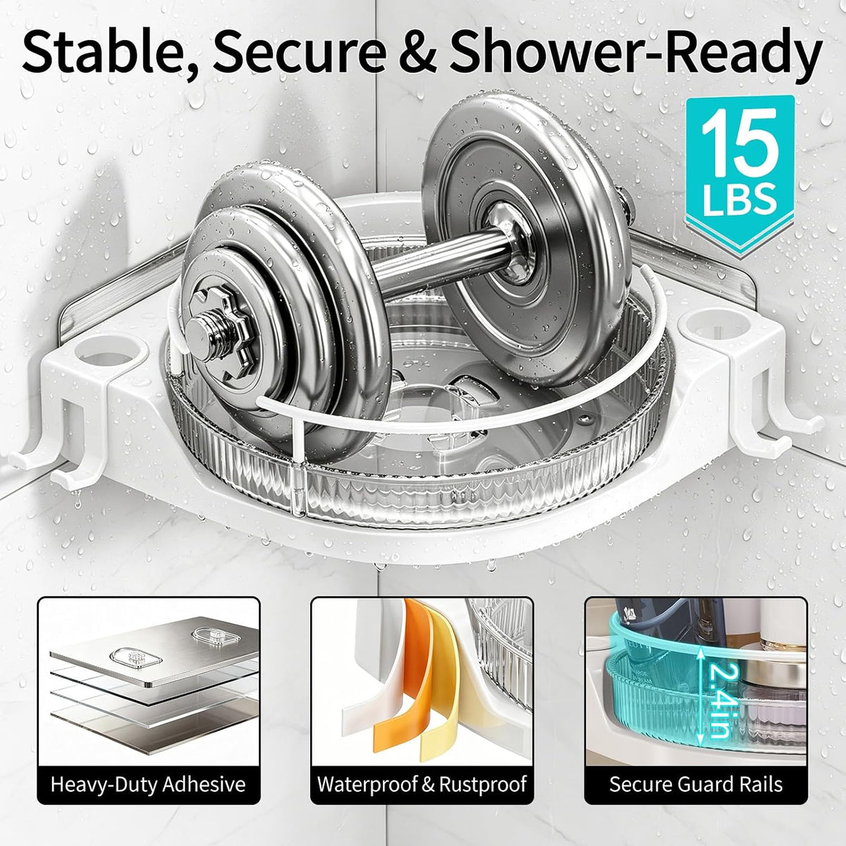 shuang qing 360° Rotating Corner Shower Caddy, 2-Tier Adhesive Shower Organizer Shelf with Removable Clear Trays, No-Drill Bathroom Storage Rack for Shampoo, Body Wash & Shower Essentials,White