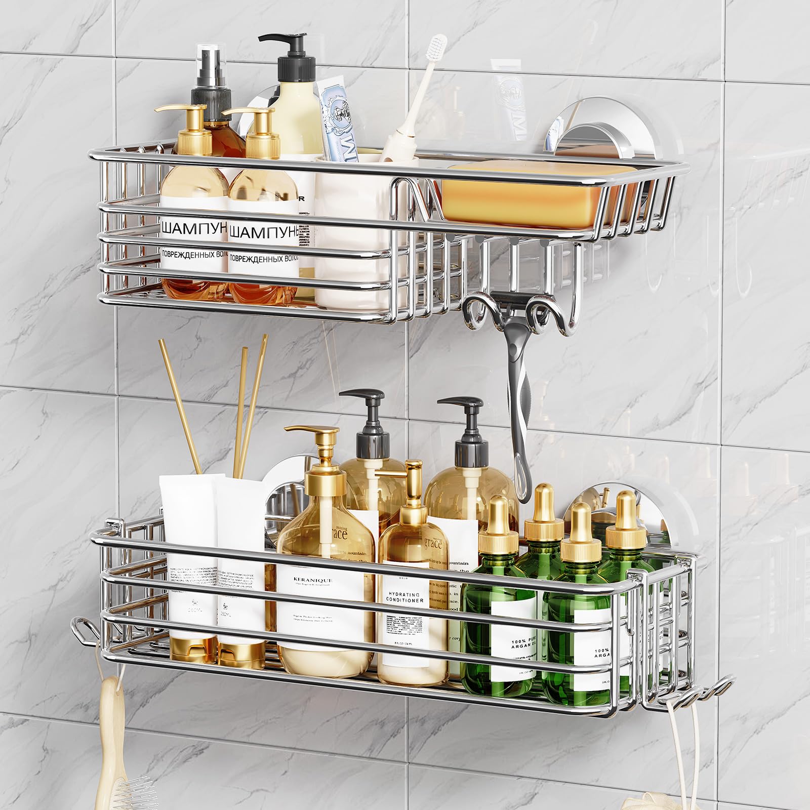 TAILI Shower Caddy Suction Cup 2 Pack with Hooks & Soap holder, Black