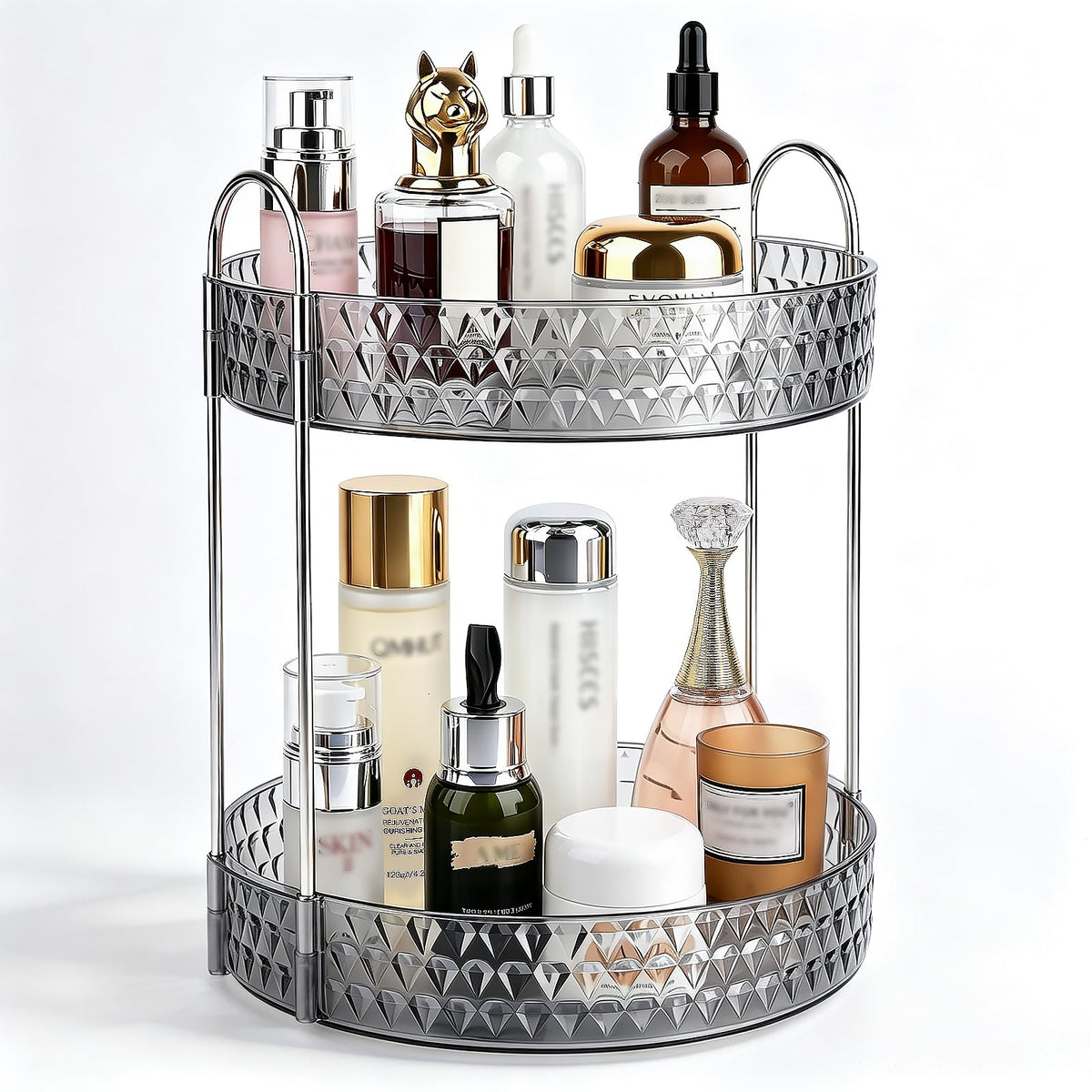 Large Capacity Rotating Makeup Organizer Perfume Stand Holder, 2 Tier Clear