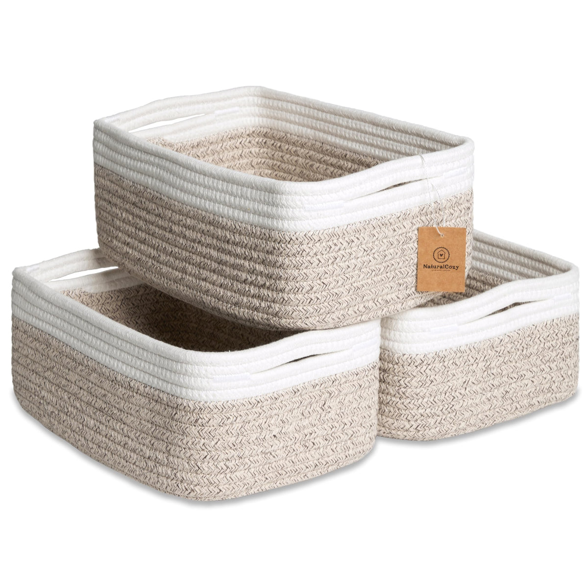 NaturalCozy 11.8"x8"x4.5” Storage Baskets for Shelves 3 Pack | Cotton Rope Woven Small Baskets for Organizing | Small Storage Bins for Nursery, Bathroom, Closet, Cube Shelf, Decorative, Gift Basket