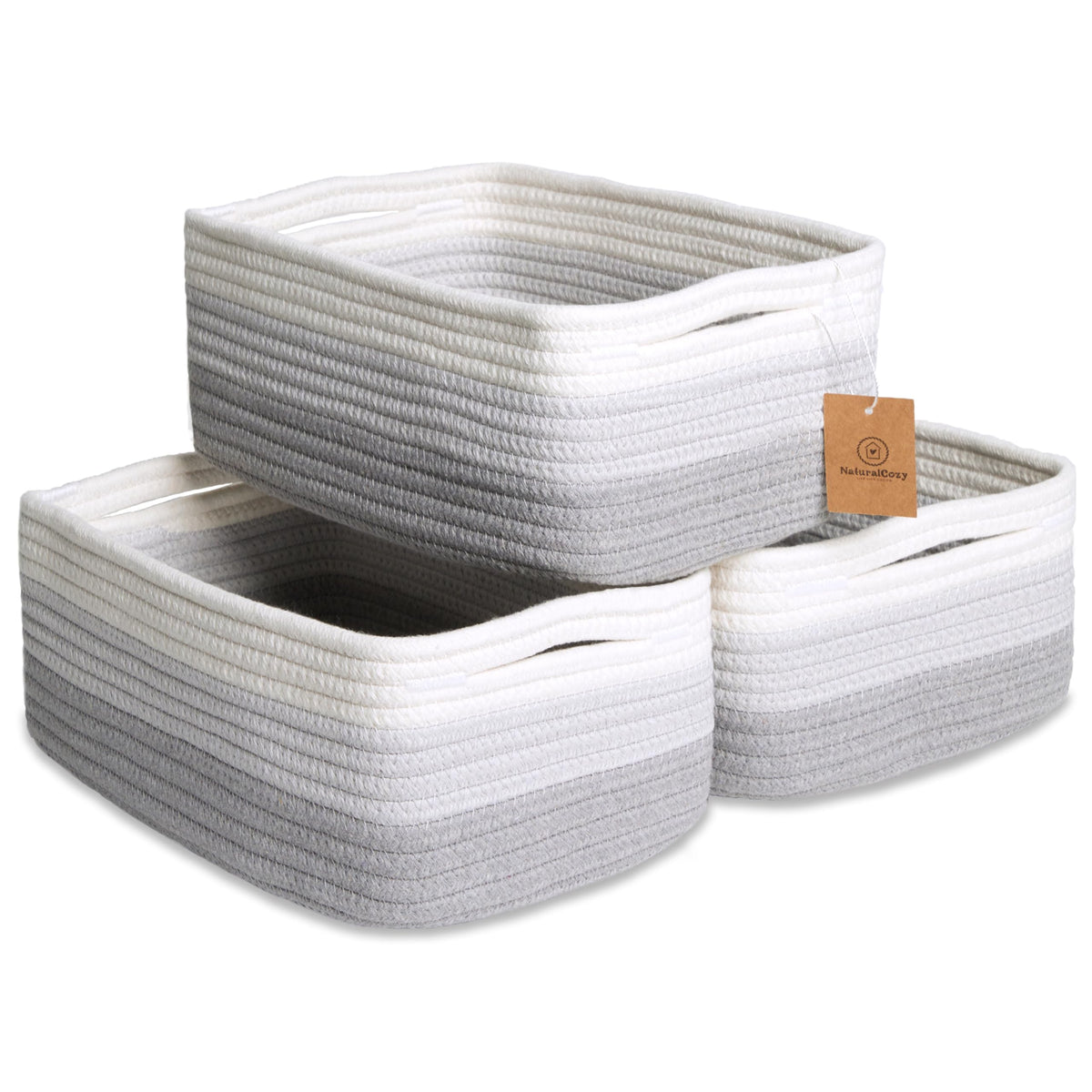 NaturalCozy 11.8"x8"x4.5” Storage Baskets for Shelves 3 Pack | Cotton Rope Woven Small Baskets for Organizing | Small Storage Bins for Nursery, Bathroom, Closet, Cube Shelf, Decorative, Gift Basket