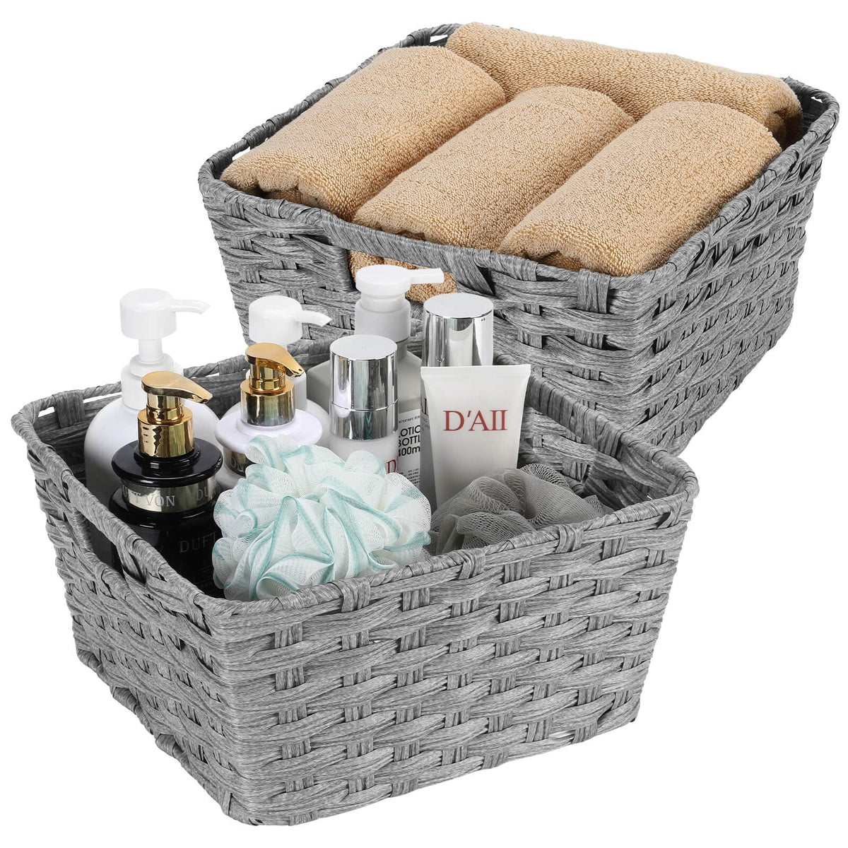 Onlytak Large Wicker Storage Basket, Metal Frame, Set of 2, Washable Waterproof, 15" x 10.3" x 5.2", Brown Color, Woven Basket for Pantry, Toilet, Bathroom, Bedroom, Patio