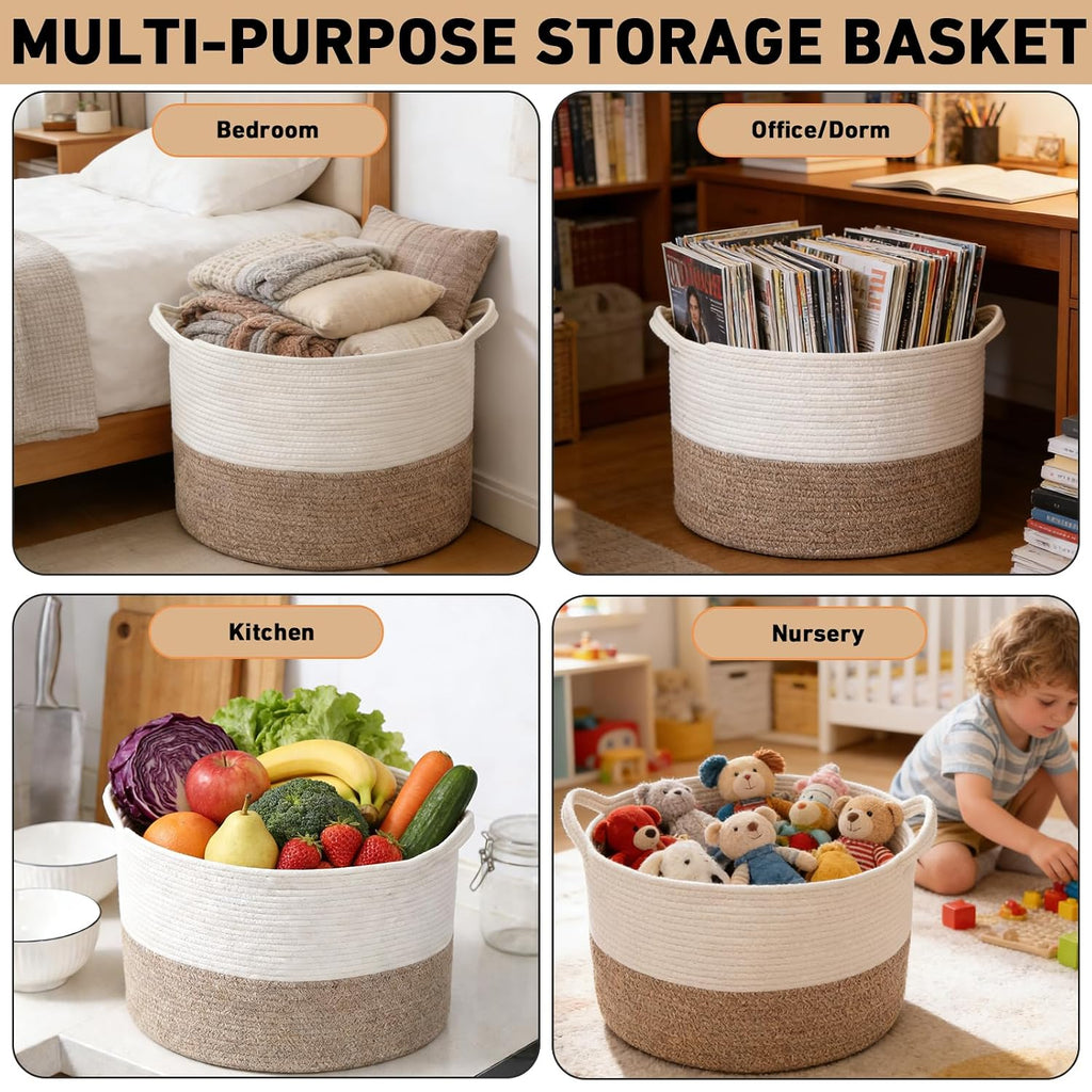 Large Woven Blanket Basket,65L Cotton Rope Laundry Basket