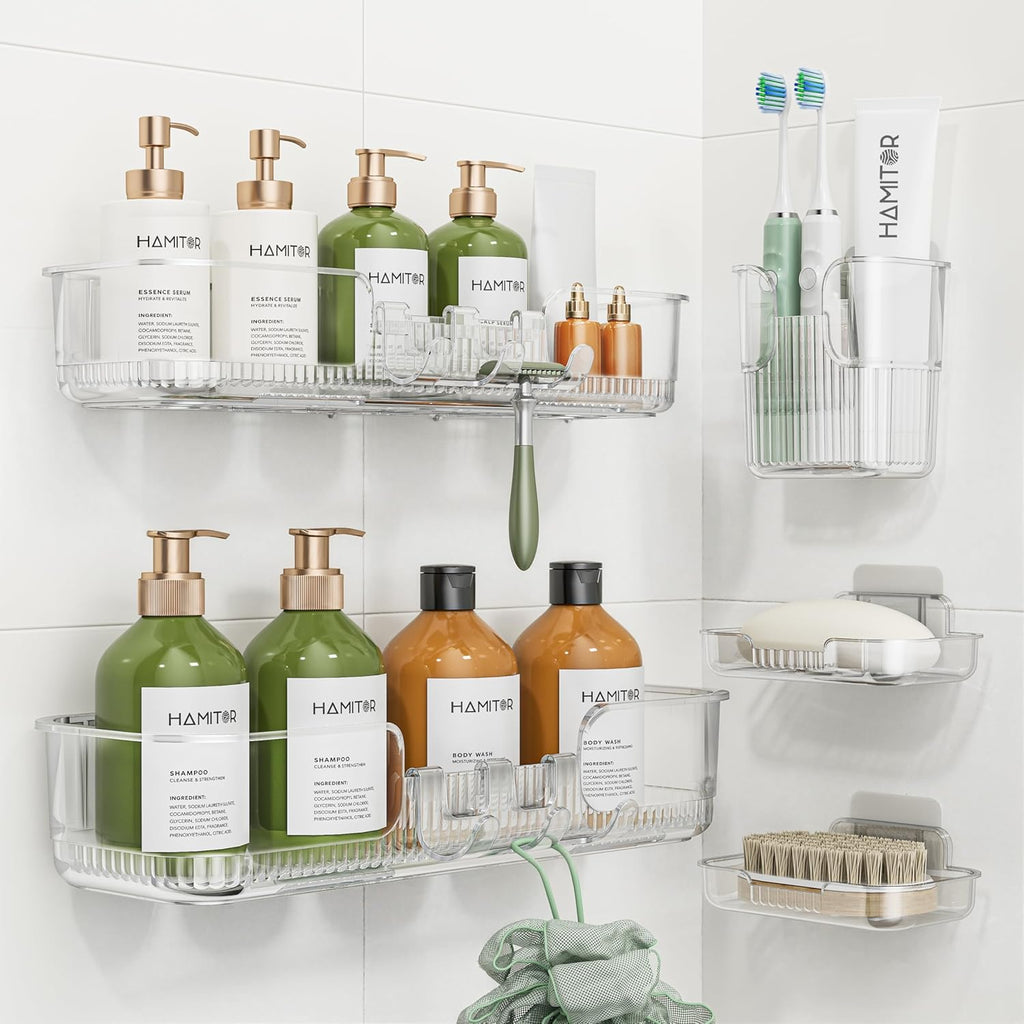 HAMITOR 5 Pack Adhesive Shower Caddy, Clear Transparent Shower Organizer