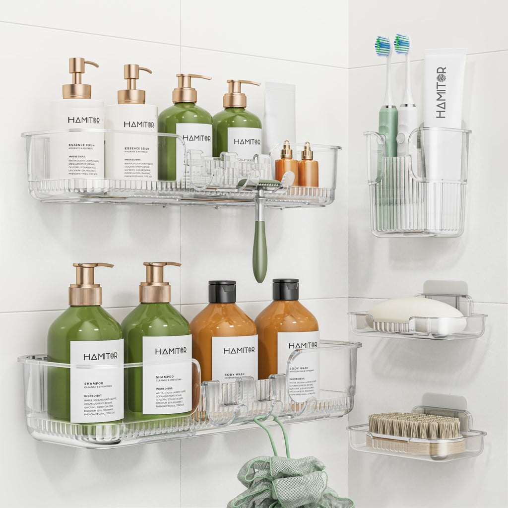 HAMITOR 5 Pack Adhesive Shower Caddy, Clear Transparent Shower Organizer
