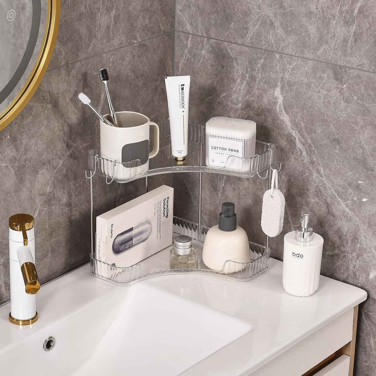 2-Tier Corner Bathroom Organizer Countertop with Hooks, for Makeup/Skincare