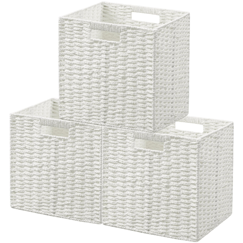 UBBCARE 2 Pack Wicker Basket, 13.4L×8.3H×7.1W inch Woven Paper Rope Storage Baskets for Shelves, Foldable Rectangular Storage Baskets with Handle, Storage Basket for Organizing, Black
