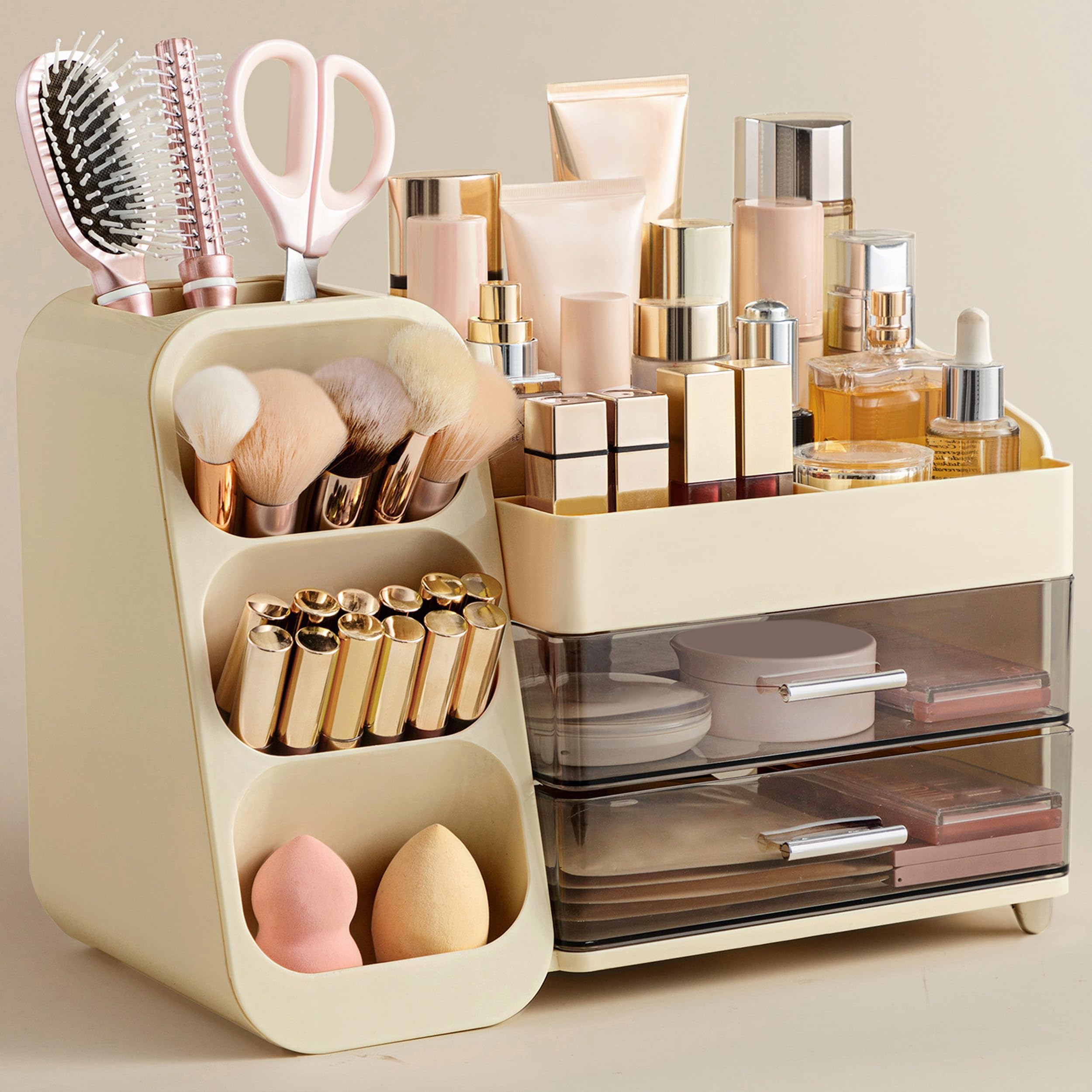 HBlife Makeup Organizer with Brush Holder for Vanity, Large Plastic Bathroom Countertop Organizer Skin Care Storage, Easy to Store Lipsticks, Nail Polishes, Perfumes, Eyeshadow Palettes, All White