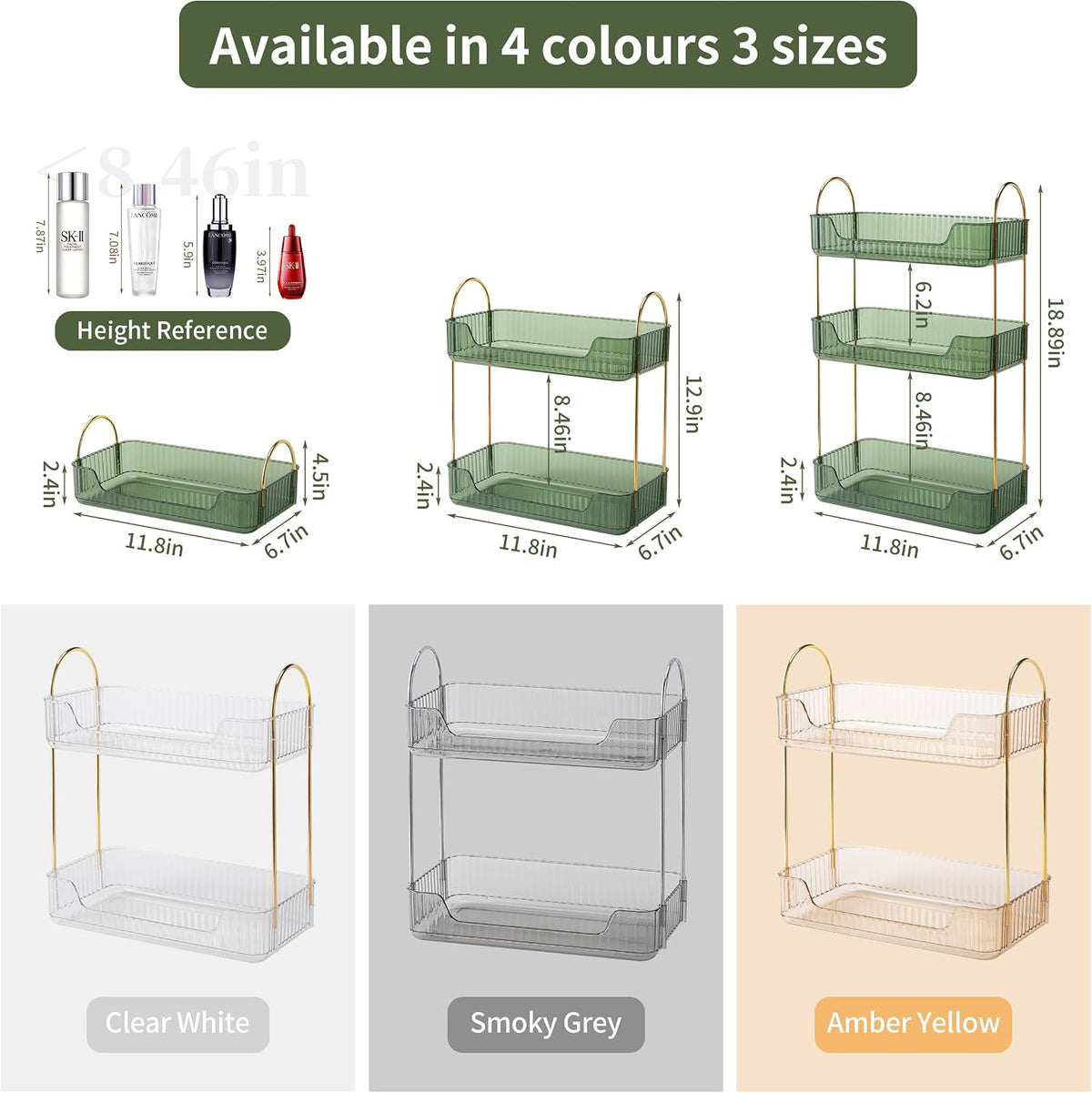 Akinbas 2 Tier Bathroom Organizer Countertop Makeup Perfume Tray Skincare Organizer for Bathroom Dresser Vanity (Green)
