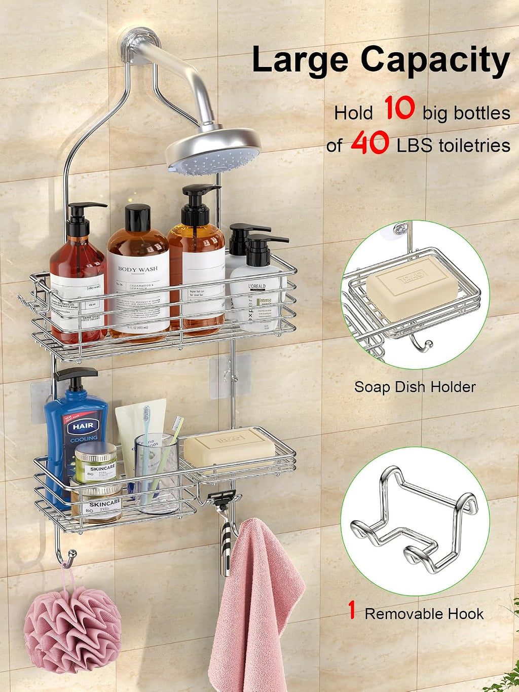 SMARTAKE Hanging Shower Head Caddy, Shower Shelf Organizer, Silver