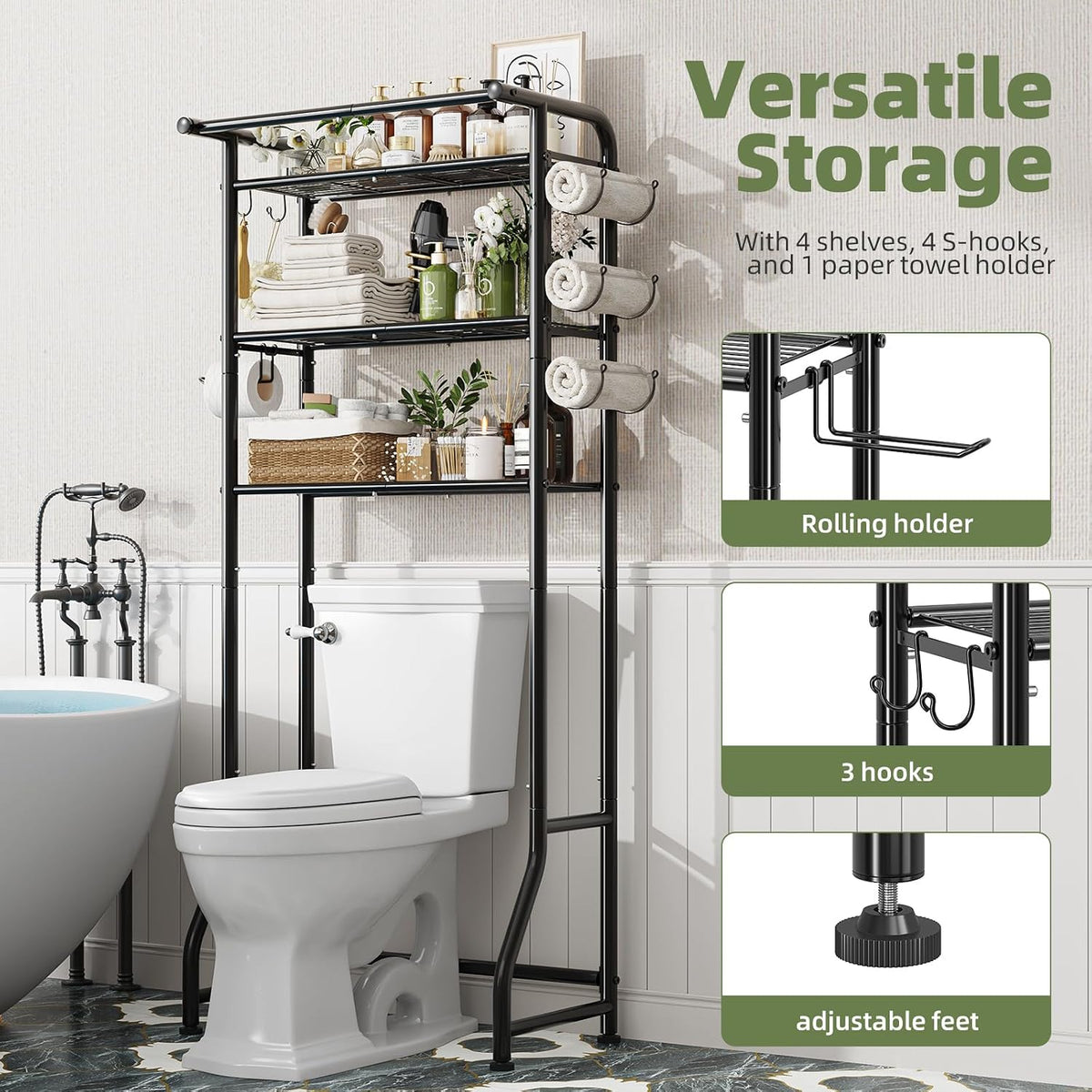 Simple Trending Over The Toilet Storage Cabinet, Metal Bathroom Shelf Organizer with Paper Holder and Hooks, 3 Tier, Black