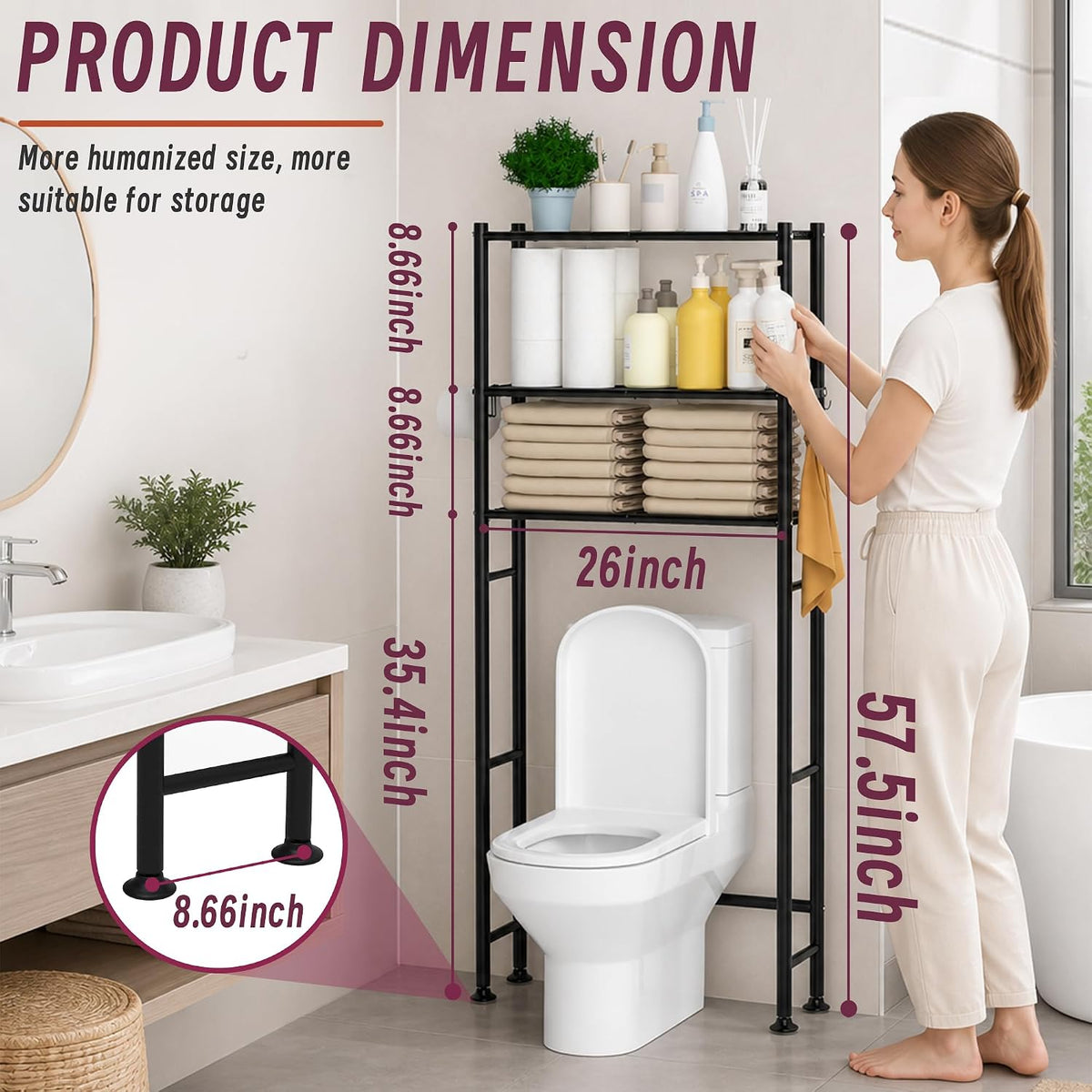 3-Tier Over The Toilet Storage Cabinet with Paper Holder and 4 Hooks, Metal Over Toilet Bathroom Organizer and Storage Shelf, Bathroom Shelves for Living Room/Laundry/Balcony(Black)