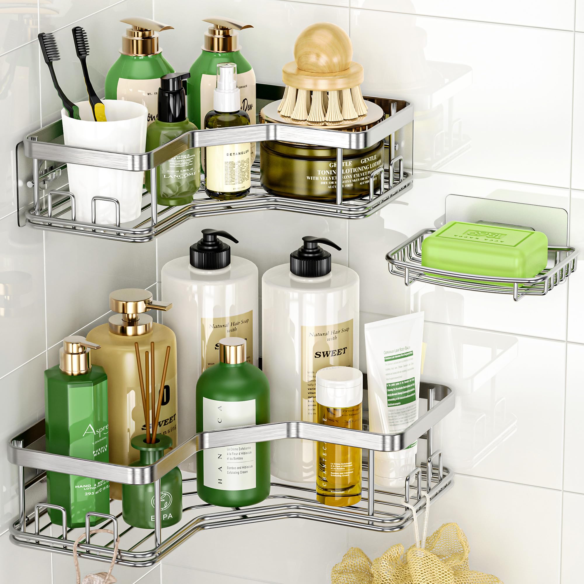 MAXIFFE 3 Pack Corner Shower Caddy with Soap Holder, Large Capacity Sturdy Easy Install No Drilling Stainless Steel Hold 40 LBS Shower Organizer Shelves Rack Storage for Family Renters Bathroom, Black