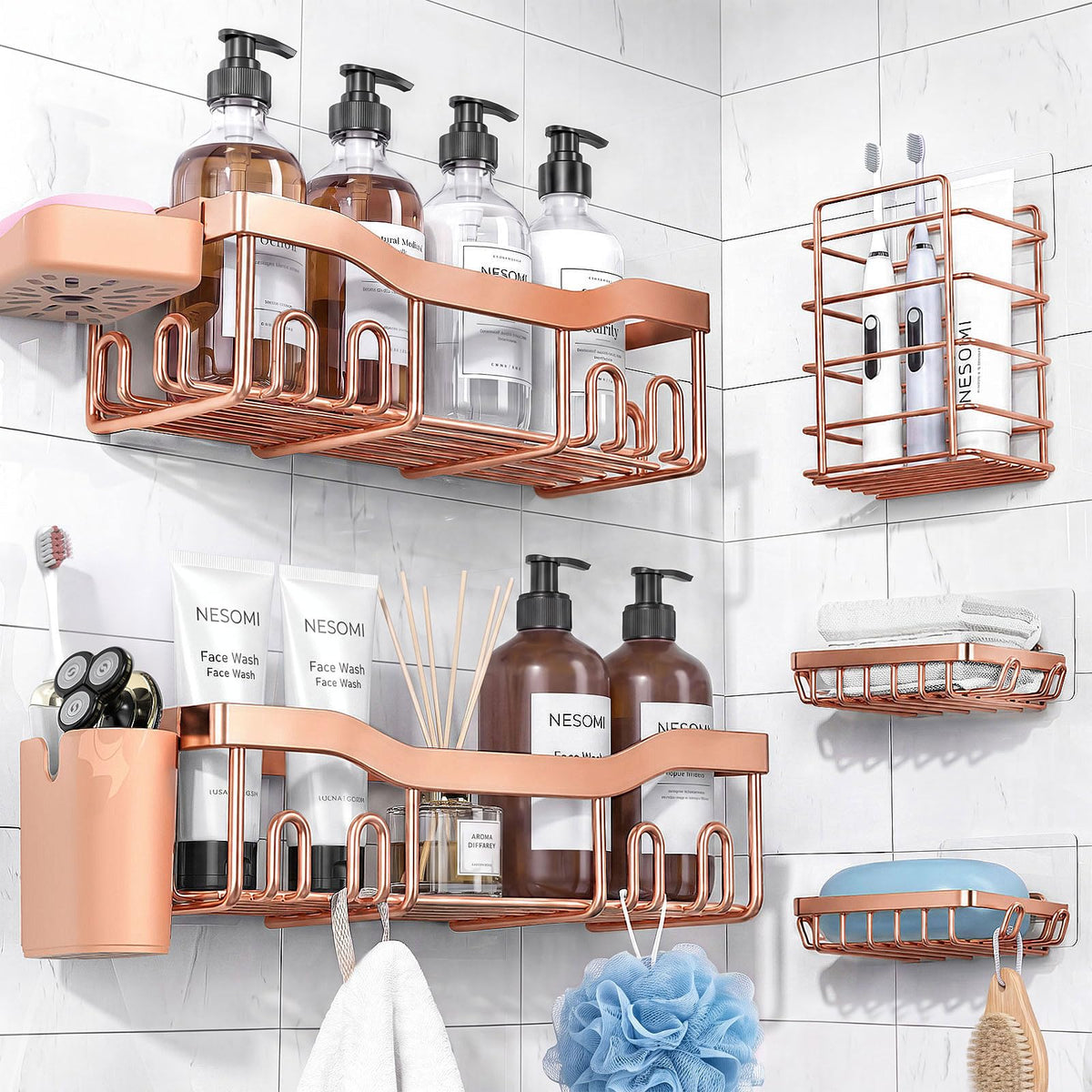 NESOMI 7-Pack Shower Caddy Adhesive,Stainless Steel Shower Organizer Shelf