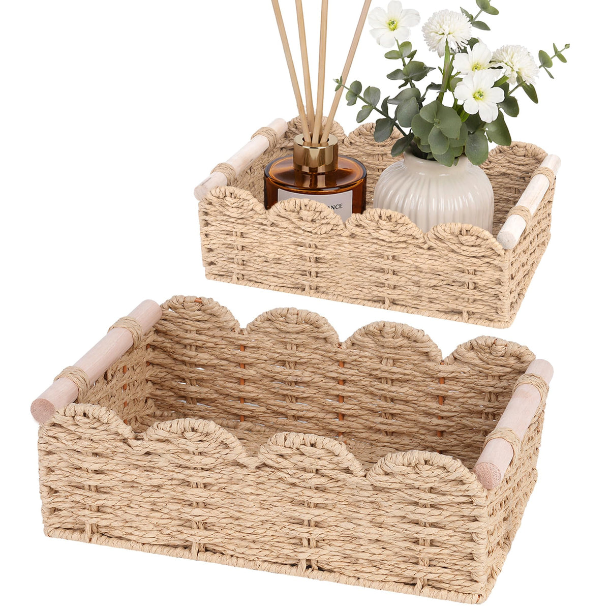iEGrow Paper Rope Small Storage Baskets for Organizing, Set of 2 Scalloped Edge Wicker Basket with Wooden Handles Toilet Paper Basket for Over Toilet Storage Shelf, Home Decor, Living Room (Neutral)