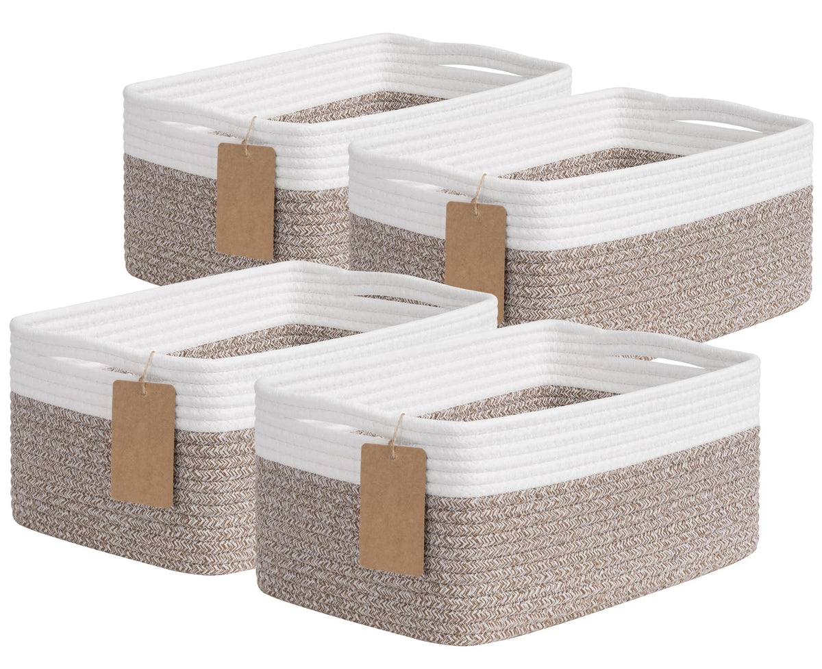 Goodpick 4 Pack Storage Baskets for Organizing Shelves, Light Brown & White