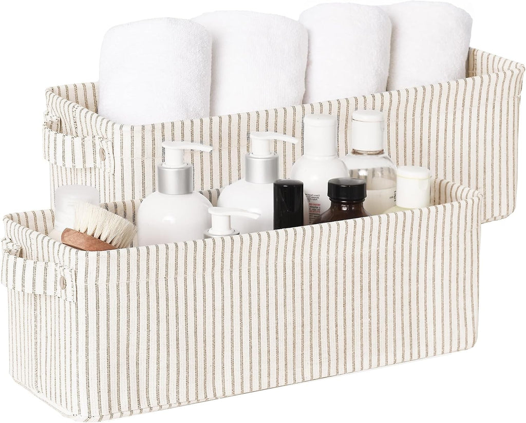 StorageWorks Fabric Narrow Storage Bins, Khaki and Beige Stripes, 2-Pack