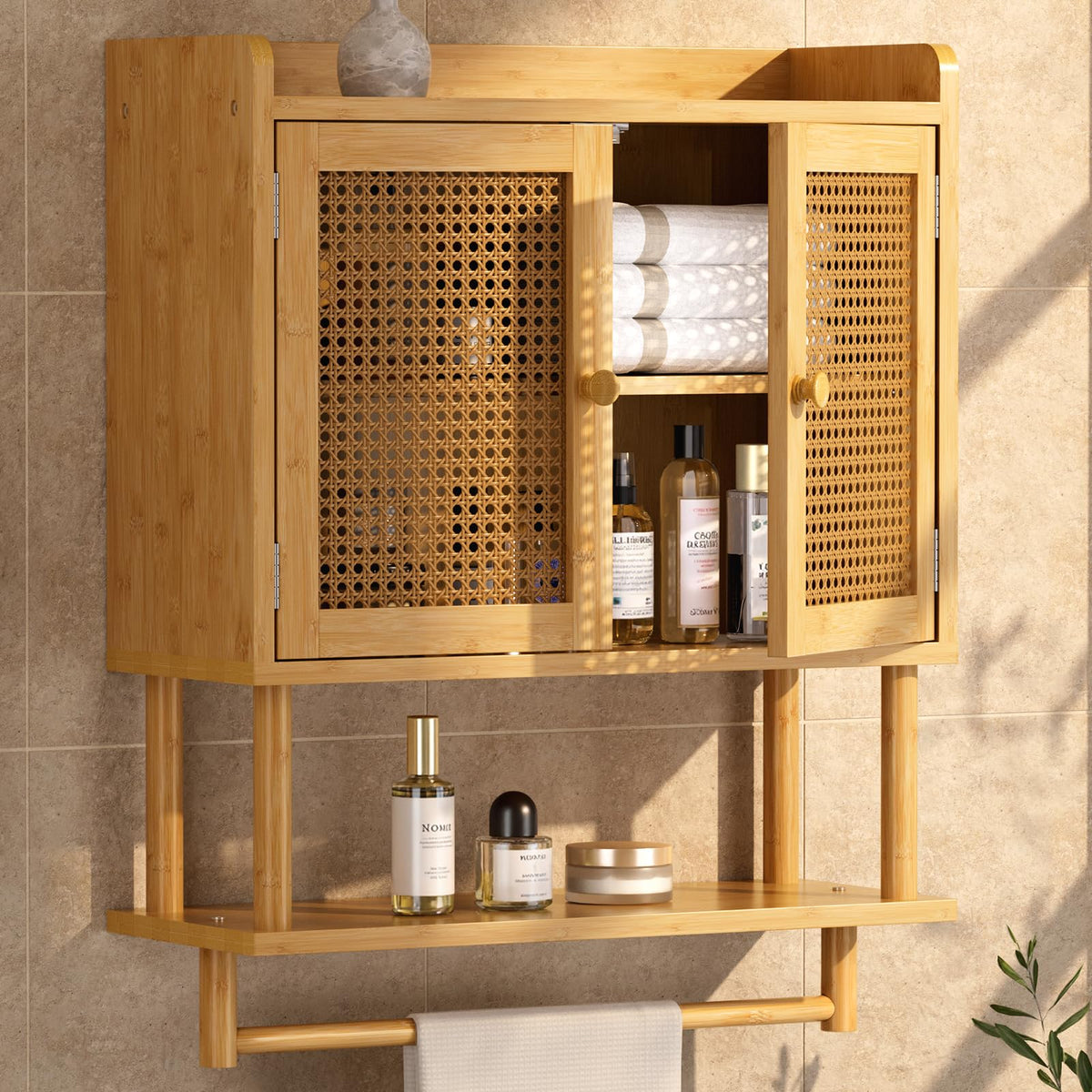 AmazerBath Bathroom Wall Cabinets, Bamboo Medicine Cabinet with Rattan Door, Over The Toilet Storage Cabinet with Towel Bar, Wall Mounted Cabinet with Adjustable Shelves for Small Spaces