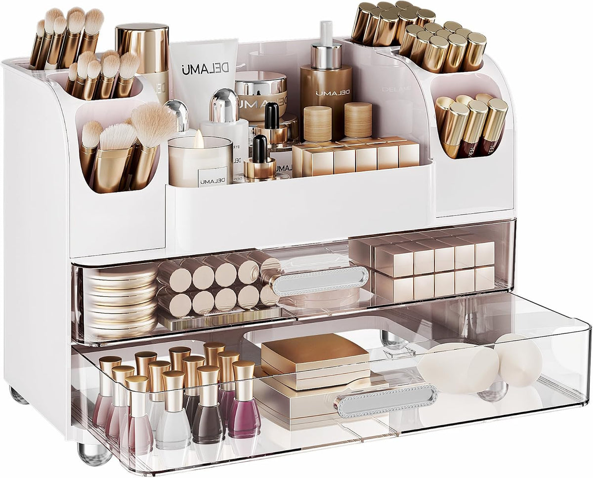 Delamu Large Makeup Organizer Countertop with 6 Brush Holders, White