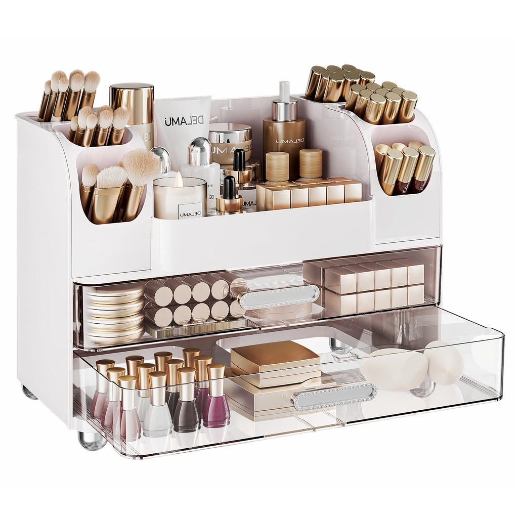Delamu Large Makeup Organizer Countertop with 6 Brush Holders, White